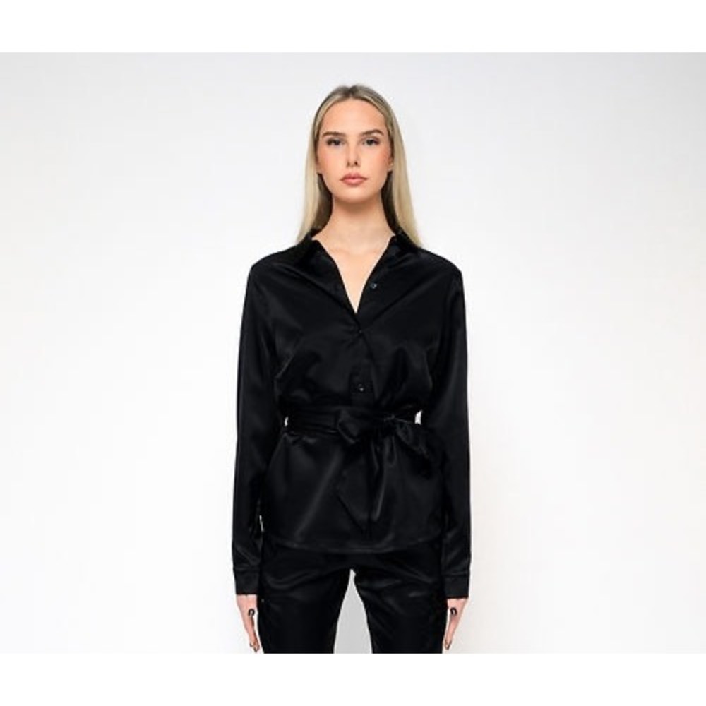 NWT Pagoumian New York Timeless Button Down Blouse w/Belt in Black Size Medium